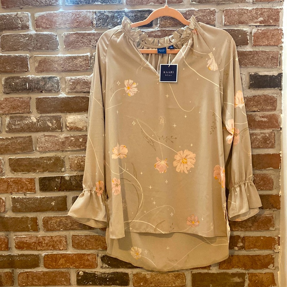 KARRI blue floral blouse taupe BWT